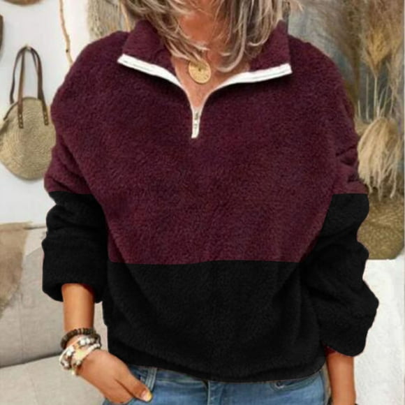 Meihcang Fuzzy Fleece Sweatshirts for Women Plus Size Quarter Zip Sweatshirts Trendy Color Block Long Sleeve Lapel Warm Sherpa Pullover Wine XXXXL
