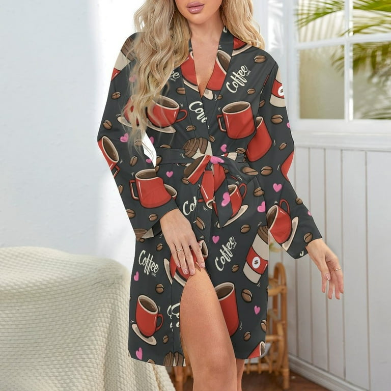 Short Robes Long Sleeve for Women - Coffee Mug Cup Soft Women's Belted  Bathrobe Nightgown V Neck Cuteness Sleepwear Loungewear Dressing Gown -  Walmart.com
