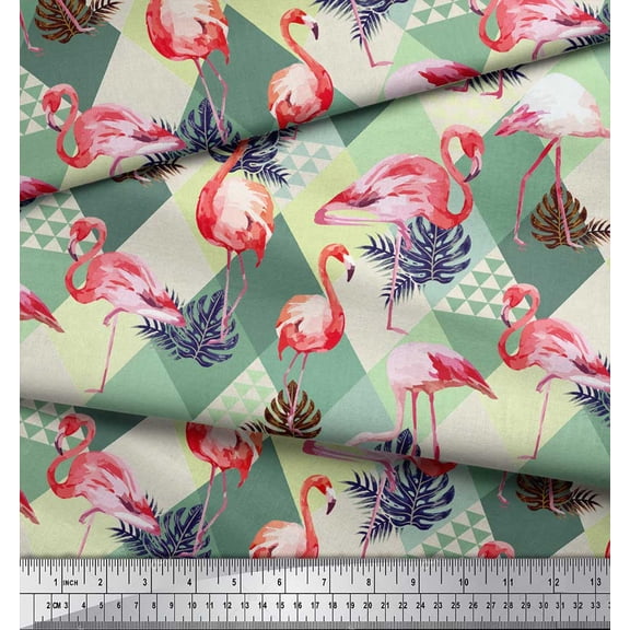 Soimoi Green Cotton Duck Fabric Flamingo Bird Print Sewing Fabric Yard 44 Inch Wide