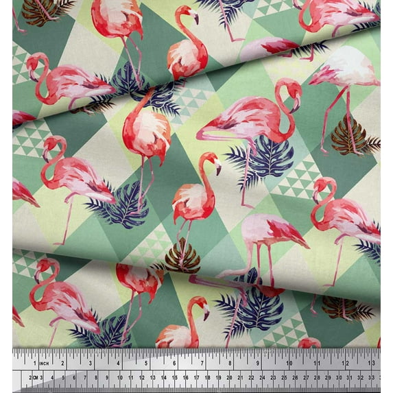 Soimoi Green Cotton Cambric Fabric Flamingo Bird Printed Craft Fabric by the Yard 58 Inch Wide