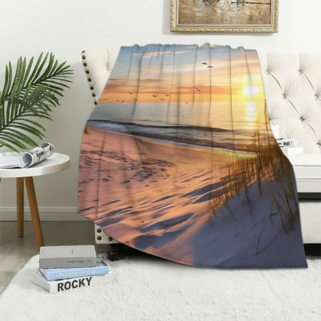 Creowell Sunset Ocean Beach Print Flannel Throw Blanket for Bed Sofa Living Room Decor All Seasons Lightweight Anti-Pilling Wrinkle Resistant 40x50in