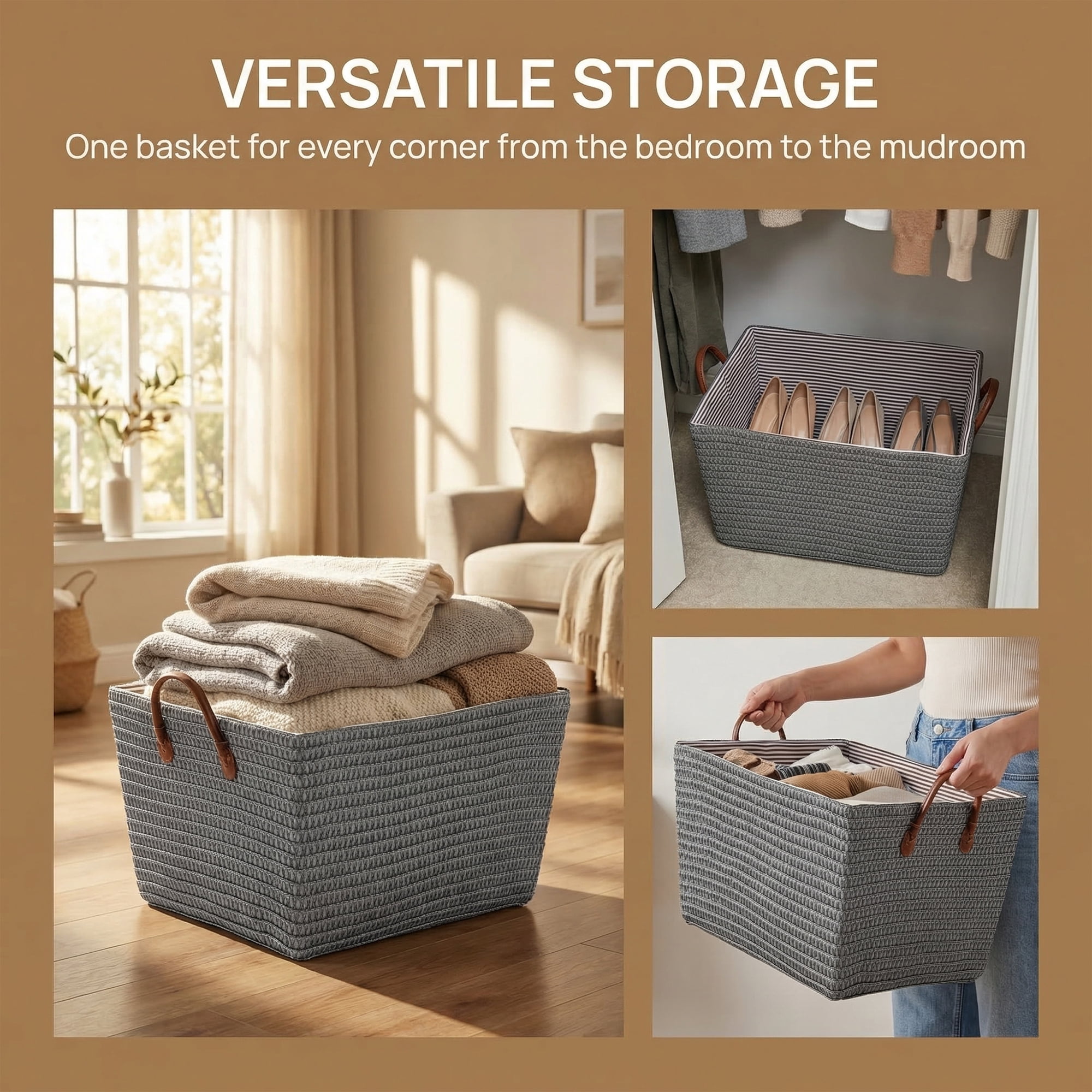 Unique Bargains Good-quality Woven Shelf Closet Storage Bin Grey 17.7*13.8*9.8in