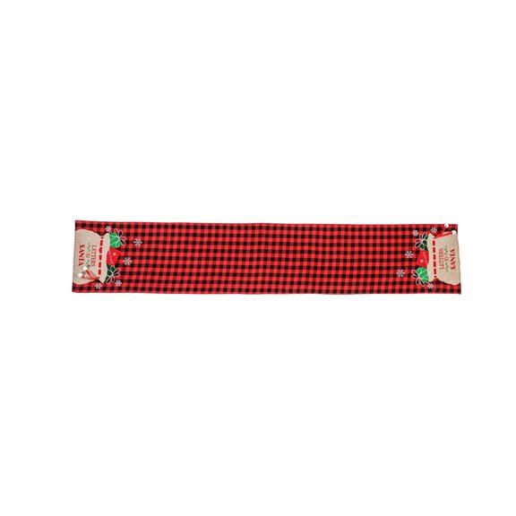 Christmas Table Runner with Santa Mail Bag Print, Black Red Check Plaid Xmas Table Dresser Scarf, Holiday Dining Table Decor for Home Banquet