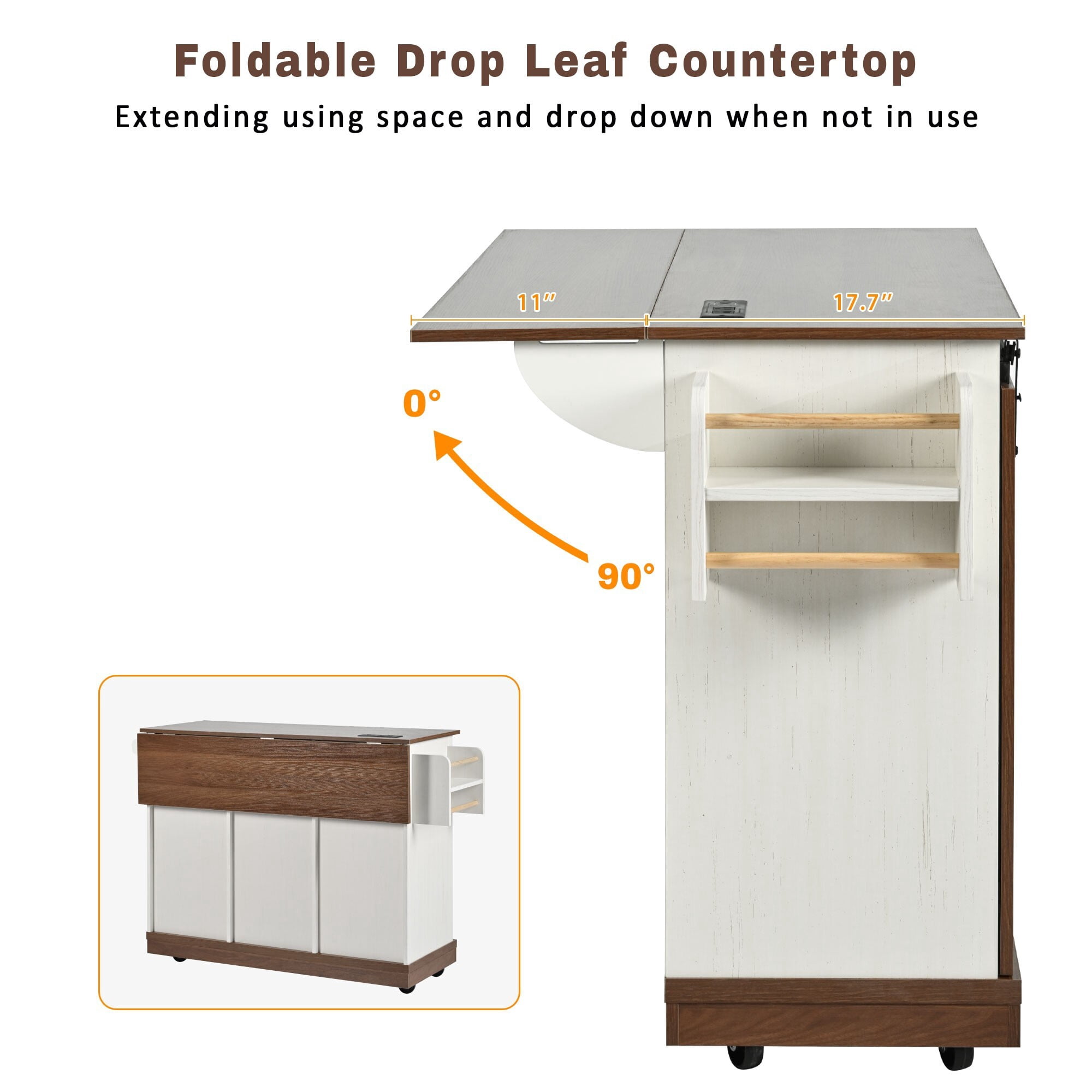 AENKYO 47.2'' Farmhouse Kitchen Island with Charging Station, Drop Leaf, Rolling Cart with Drawers, Rustic Brown and White