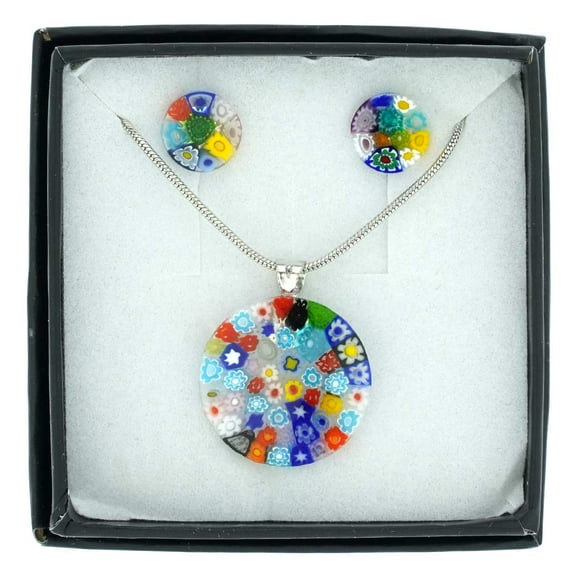GlassOfVenice Murano Glass Millefiori Necklace and Earrings Set - Round Multicolor