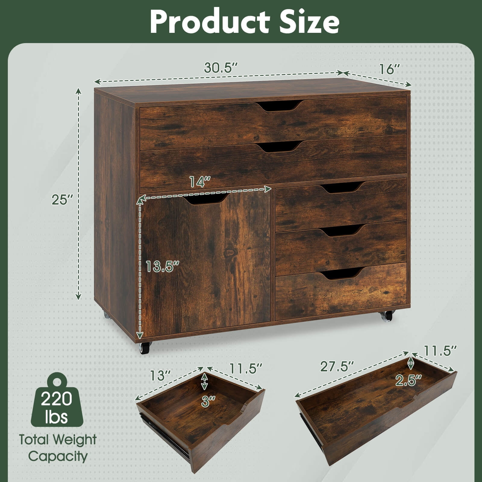 Costway 5-Drawer File Cabinet Mobile Chest of Drawers with Side Cabinet 5 Casters Brown