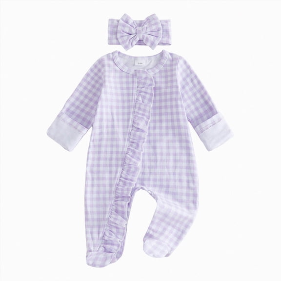 Newborn Baby Girl Going Home Outfit Print Footed Romper | Long Sleeve Zipper Jumpsuit, Infant Fall Winter Clothes, Mitten Cuffs, Ruffle, for 0-6M