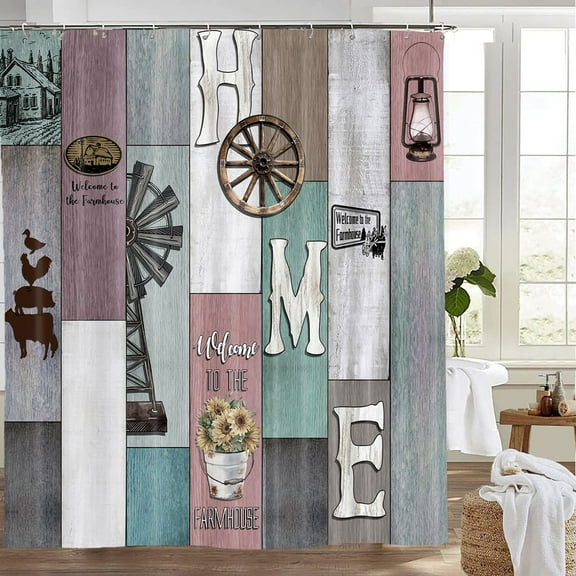 Farmhouse Rustic Shower Curtain for Bathroom, Vintage Colorful Country Wooden Board Fabric Shower Curtain Sets, Durable Waterproof Bath Accessories Decor with Hooks,72X72in