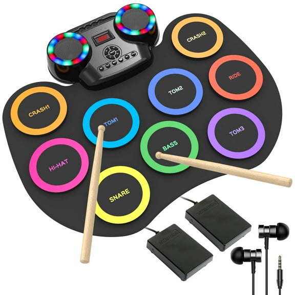 ROCKSOCKI Batería electrónica 9 almohadillas con luces LED, batería electrónica portátil Bluetooth, almohadilla de práctica enrollable, altavoces duales incorporados, auriculares, regalo de cumpleaños