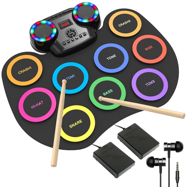 ROCKSOCKI Batería electrónica 9 almohadillas con luces LED, batería electrónica portátil Bluetooth, almohadilla de práctica enrollable, altavoces duales incorporados, auriculares, regalo de cumpleaños