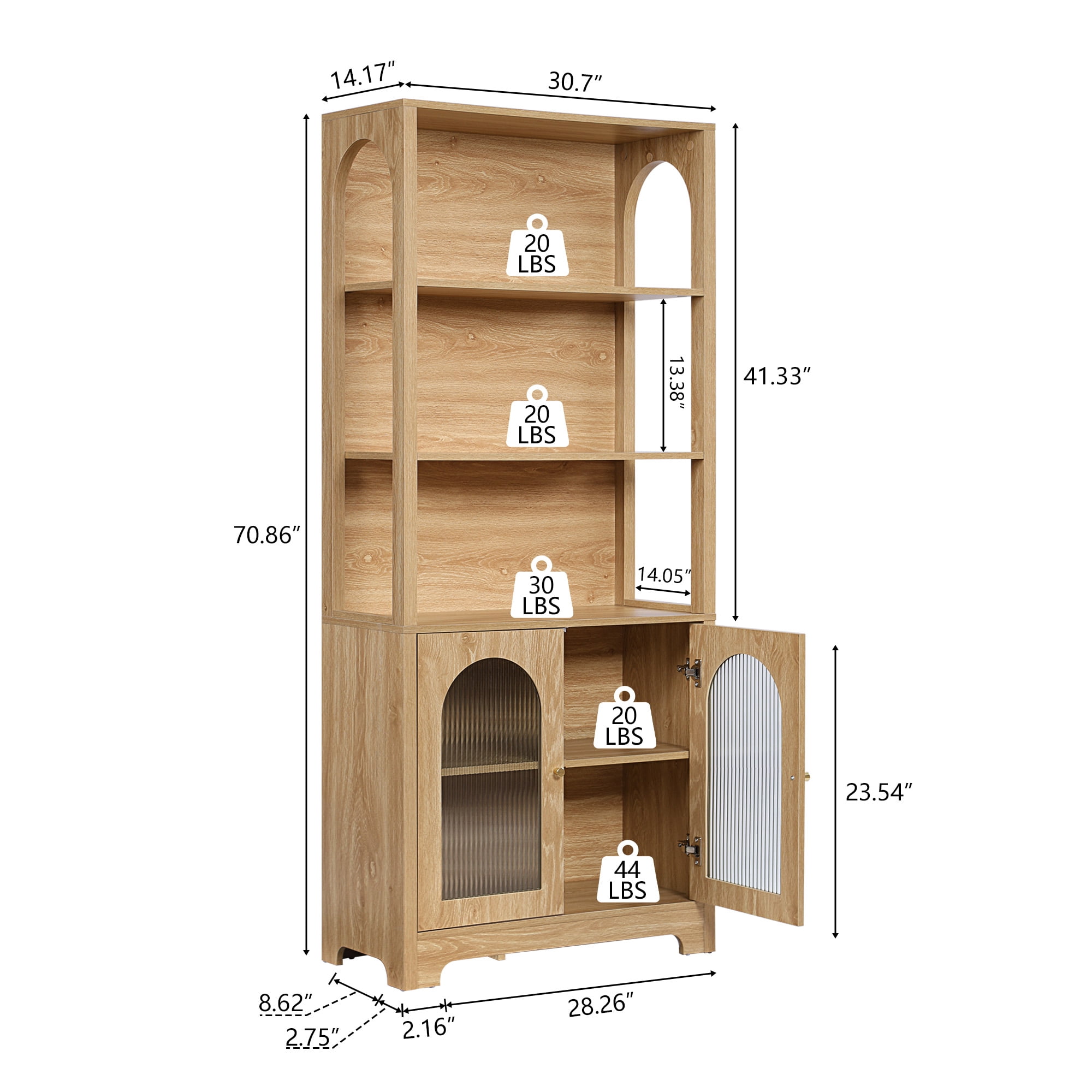 Weselon 70" Tall Bookcase with Door and Shelves, Freestanding Storage Cabinet with Arched Acrylic Door for Living Room Office Storage, Floor Standing Bookshelves,Oak
