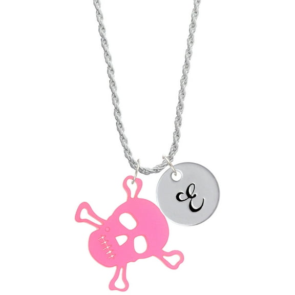 Delight Jewelry Acrylic Large Pink Skull Silvertone Script Initial Disc - E - Charm Necklace, 20"+3"