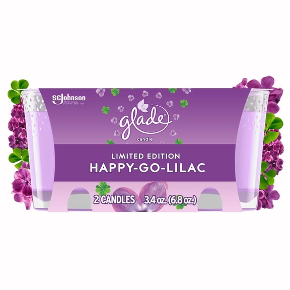 Glade Scented Candle Jar, Happy-Go-Lilac Scent, Infused with Essential Oils, Spring Limited Edition Fragrance, Positive Vibes Collection, 2 Candles, 3.4 Oz, 96 g each