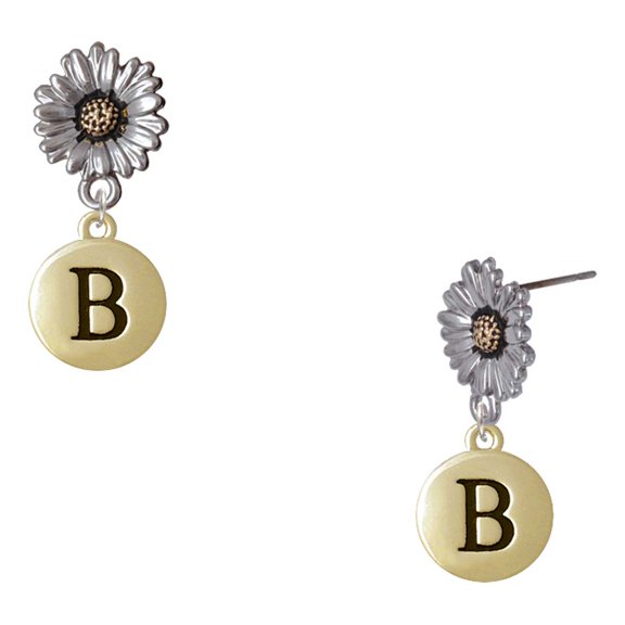 Delight Jewelry Gold-tone Capital Letter - B - Pebble Disc - Two-tone Daisy Flower Post Earrings