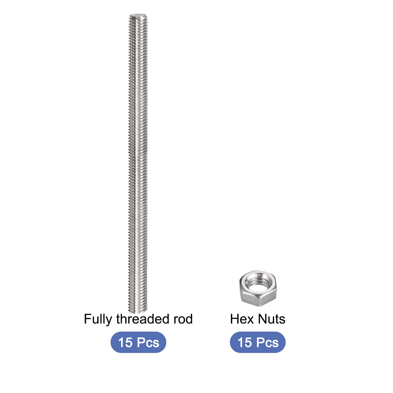 Uxcell 15Pack M8 x 300mm Fully Threaded Rod w 15Pack Hex Nuts, 1.25mm Pitch 304 Stainless Steel Right Hand Threaded Rod