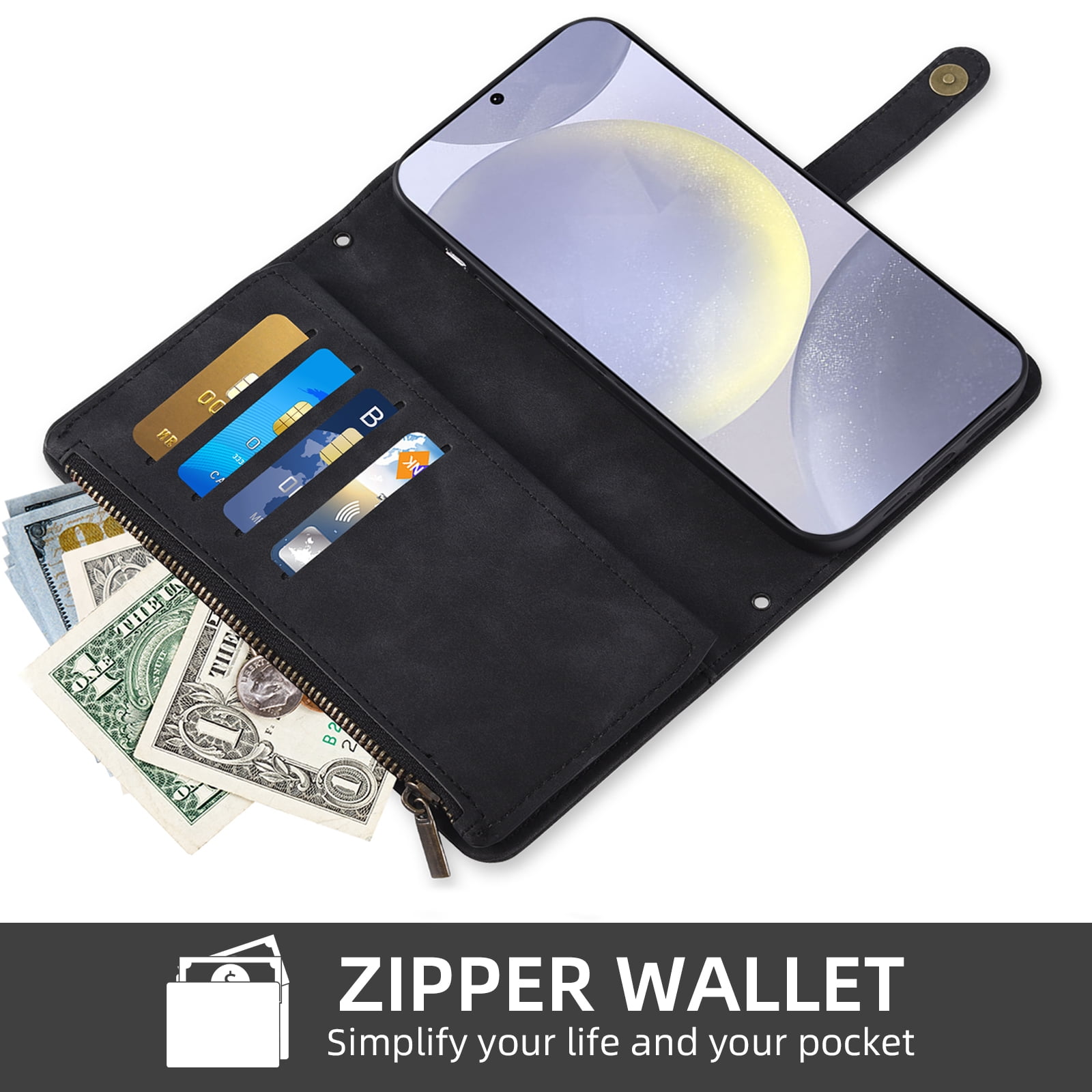 Asuwish Phone Case for Samsung Galaxy S24 Plus/S25 Plus S24+ S25+ 5G Wallet Cover With Screen Protector Flip Pattern Zipper Card Holder Cell S24Plus 24S + S 24 24+ S25Plus 25S 25+ SM-S936U Men Black