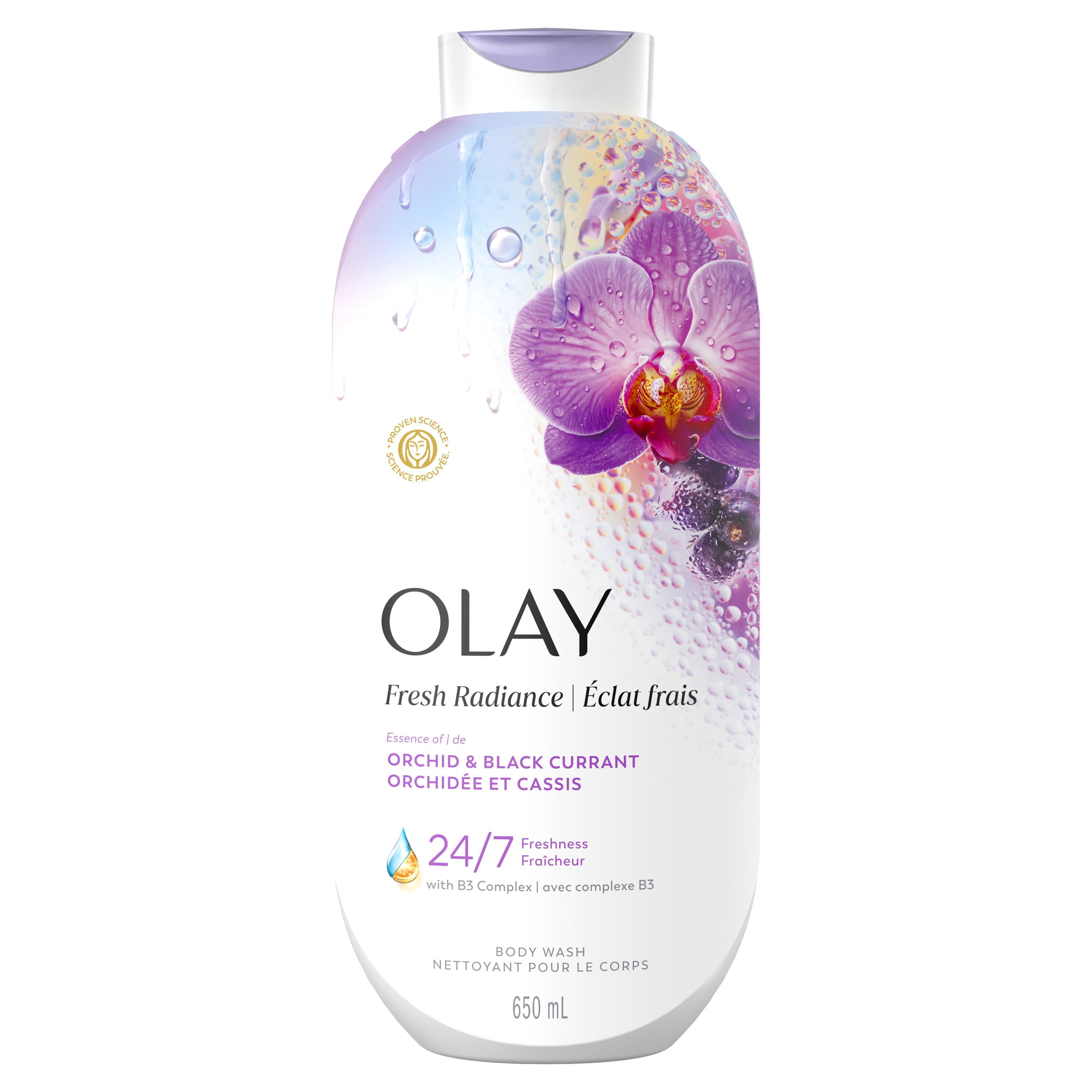 Nettoyant pour le corps Olay Éclat frais avec essence d’orchidée et de cassis et mélange de vitamine B3 et d’antioxydants, 650 mL