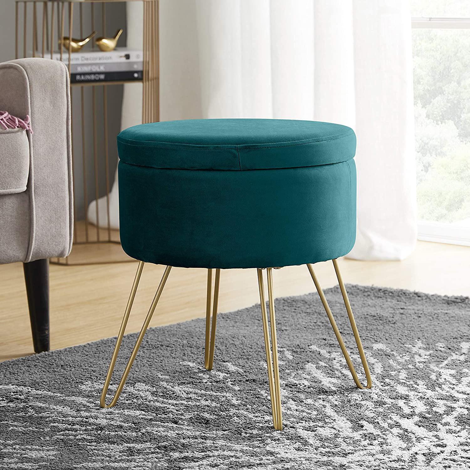 Footstool Side Table Removable Metal Leg Design Gray Round Mid-Century Modern Luxe Velvet Ottoman Sorbus® Velvet Footrest Stool 