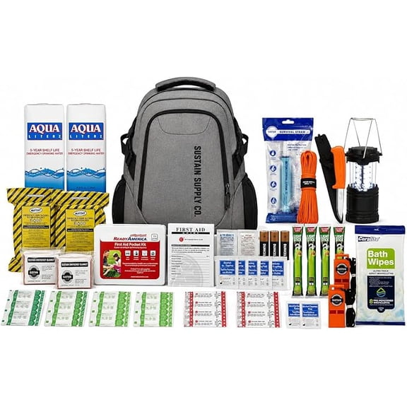 Sustain Supply Premium Emergency Survival Kit for 2 People, 72 Hour Disaster Preparedness Backpack with Food, Water, First Aid & Survival Gear
