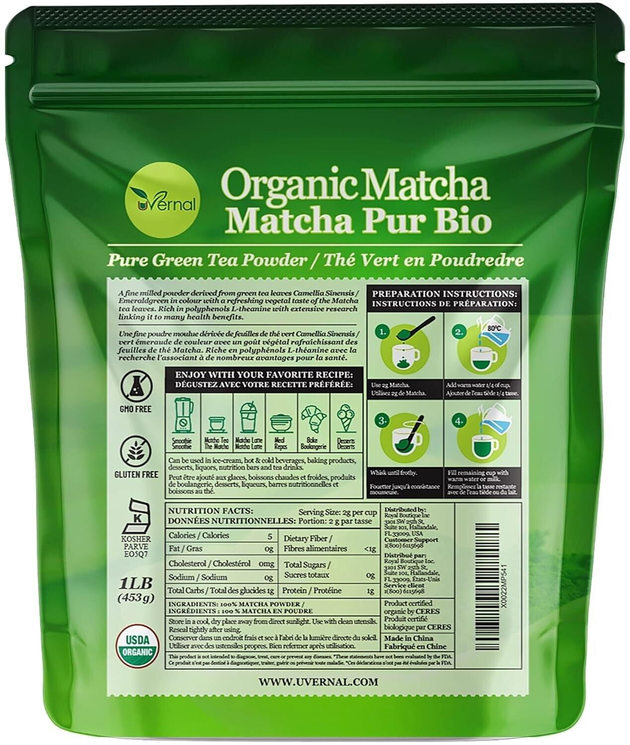 uVernal 3 Pack Organic Matcha Green Tea Powder - 100% Pure Matcha for Smoothies Latte and Baking Easy to Mix - 1LB