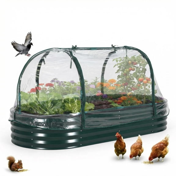 Raised Garden Bed Large Oval Kit with Cover Zippered Screen Doors,Outdoor Galvanized Steel Planter Raised Box with Greenhouse,for Indoor Outdoor Gardening,Flowers,Vegetables(6x3x1ft,Green)