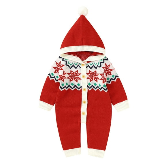 Generic Breathable Sweaters for Children's Boy Girl Christmas Snow Knitted Sweater Baby Hooded Jumpsuit Romper Cotton Outfits Clothes for Autumn Winter Comfortable Tops (3-6 Months,Red)