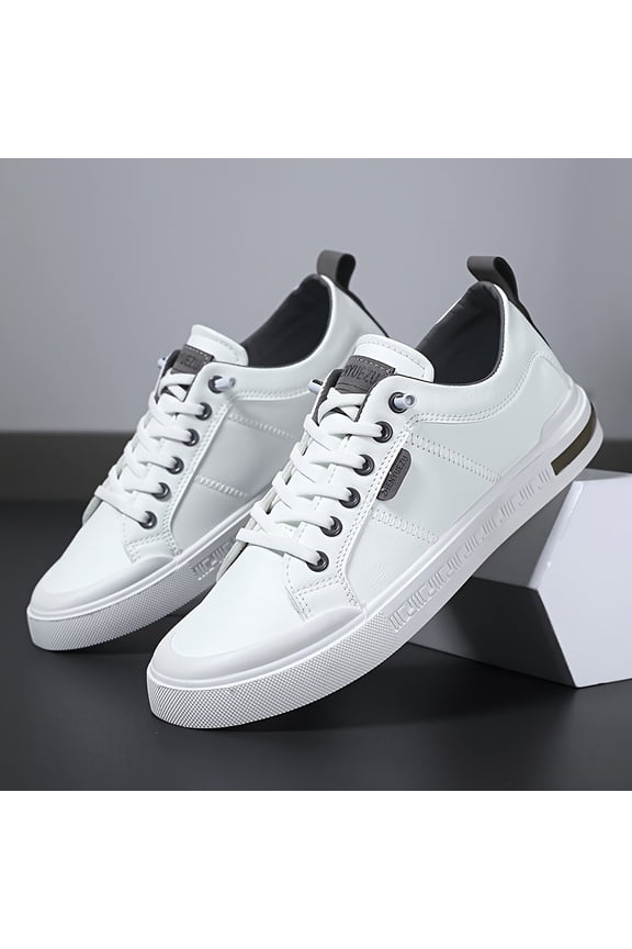 Men's White Low-Top Sneakers with Slip-On/Lightweight Hiking Walking Shoes Suitable for - Casual Wear, Commuting, Urban Outdoor - Solid ColorLace-Up Closure - Breathable PU Upper & Durable PVC Sole