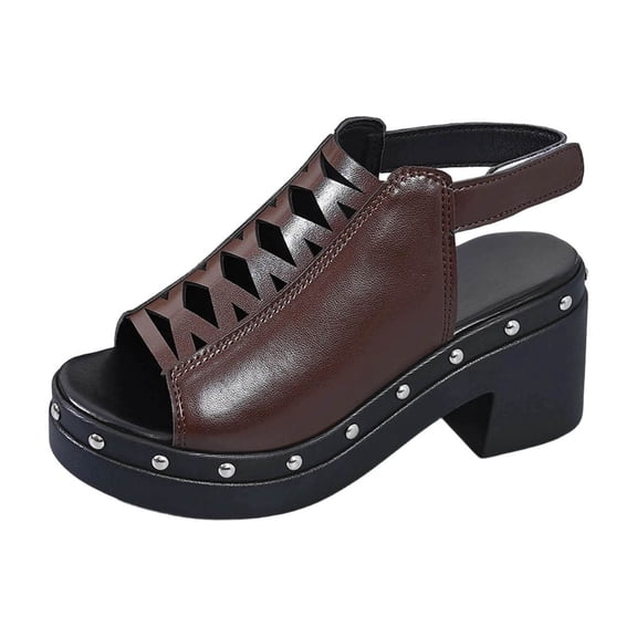 hoksml Women's Studded Cutout Block Heel Sandals Slingback PU Leather Casual Shoes Black Brown