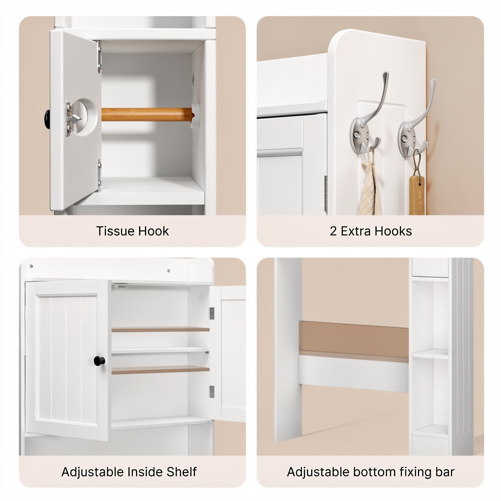 Aiho 70.3" Tall Over the Toilet Storage Cabinet, Bathroom Organizer Above Toilet with Adjustable Shelves & 2 Side Hooks, Space Saver for Bathroom, Laundry, White
