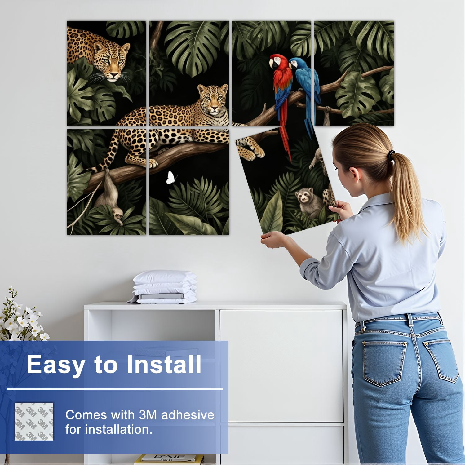 8 Pack Art Acoustic Panels Sound Absorbing Tropical Jungle Leopards Monkeys Parrots Sloths Decorative Soundproof Wall Panels Self Adhesive for Nursery Game Room Bedroom 48"x32"