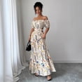thumbnail image 3 of 2026 Summer New Women's Off Shoulder Puff Sleeve Cutout Waist Back Tie Tiered Floral Print Maxi Dress, 3 of 5