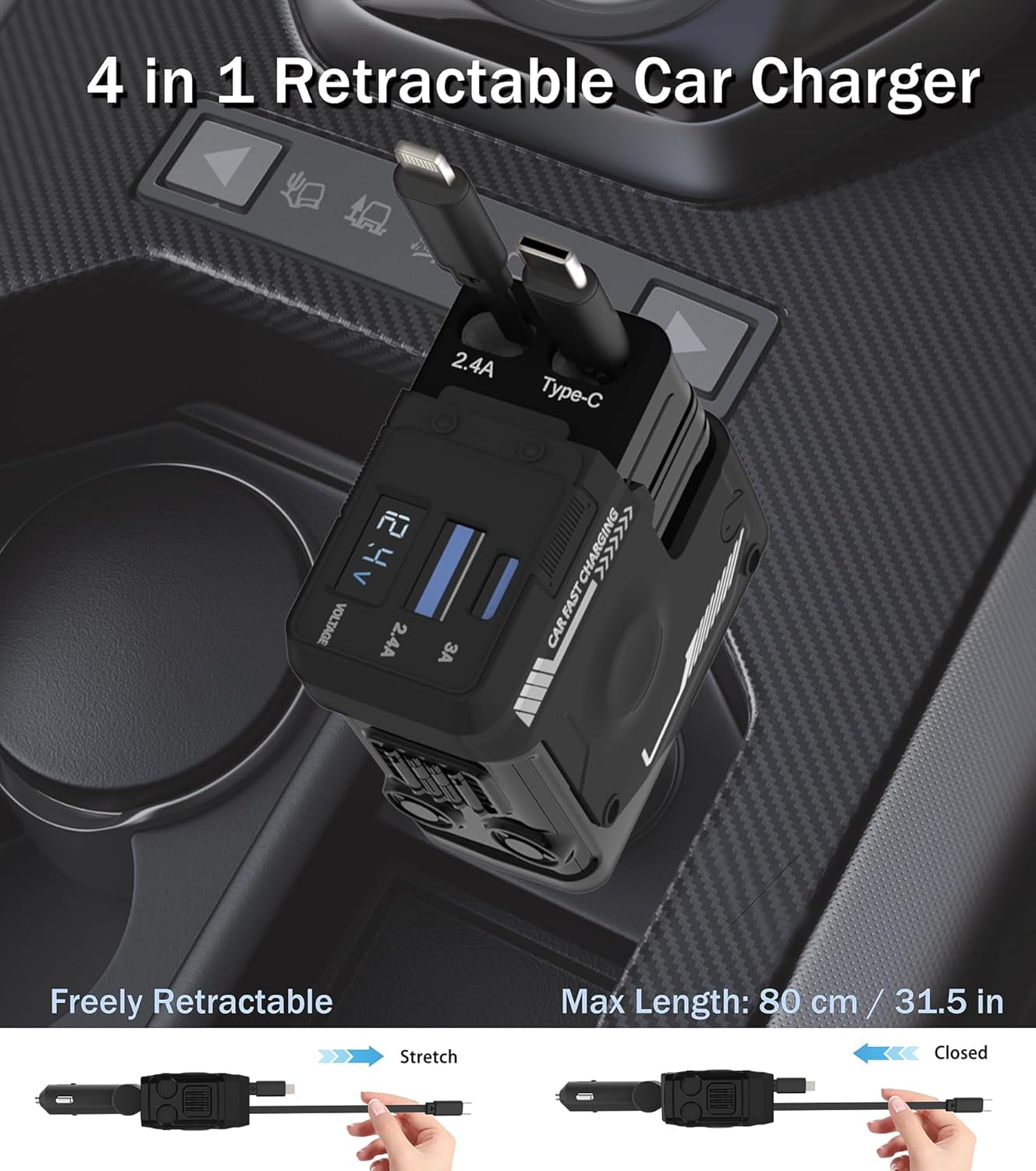 Retractable Car Charger, 4 in 1 Retractable Phone Charger with 66W Fast Charging, 2 Retractable Cables and 2 USB-C USB-A Port Compatible with iPhone 16/15/14/13/12/11,Samsung, Galaxy,Pixel (Black)