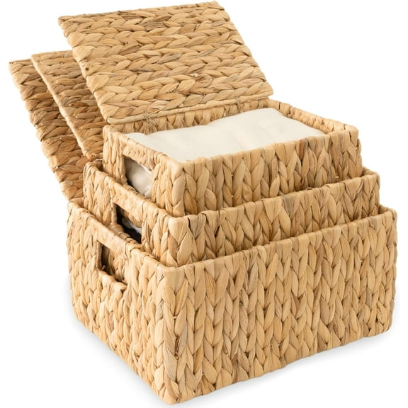Wicker Storage Baskets with Lid, Set 3 Basket With Lid Decorative Storage Rectangle Wicker Storage Basket Large Rattan Storage Box Hyacinth Baskets