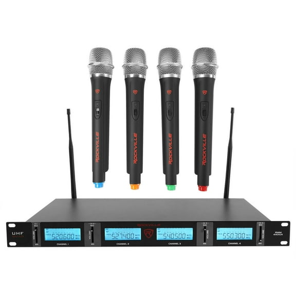 Rockville RWM4401UH QUAD UHF 4 Wireless HandHeld Microphone System w/LCD Display