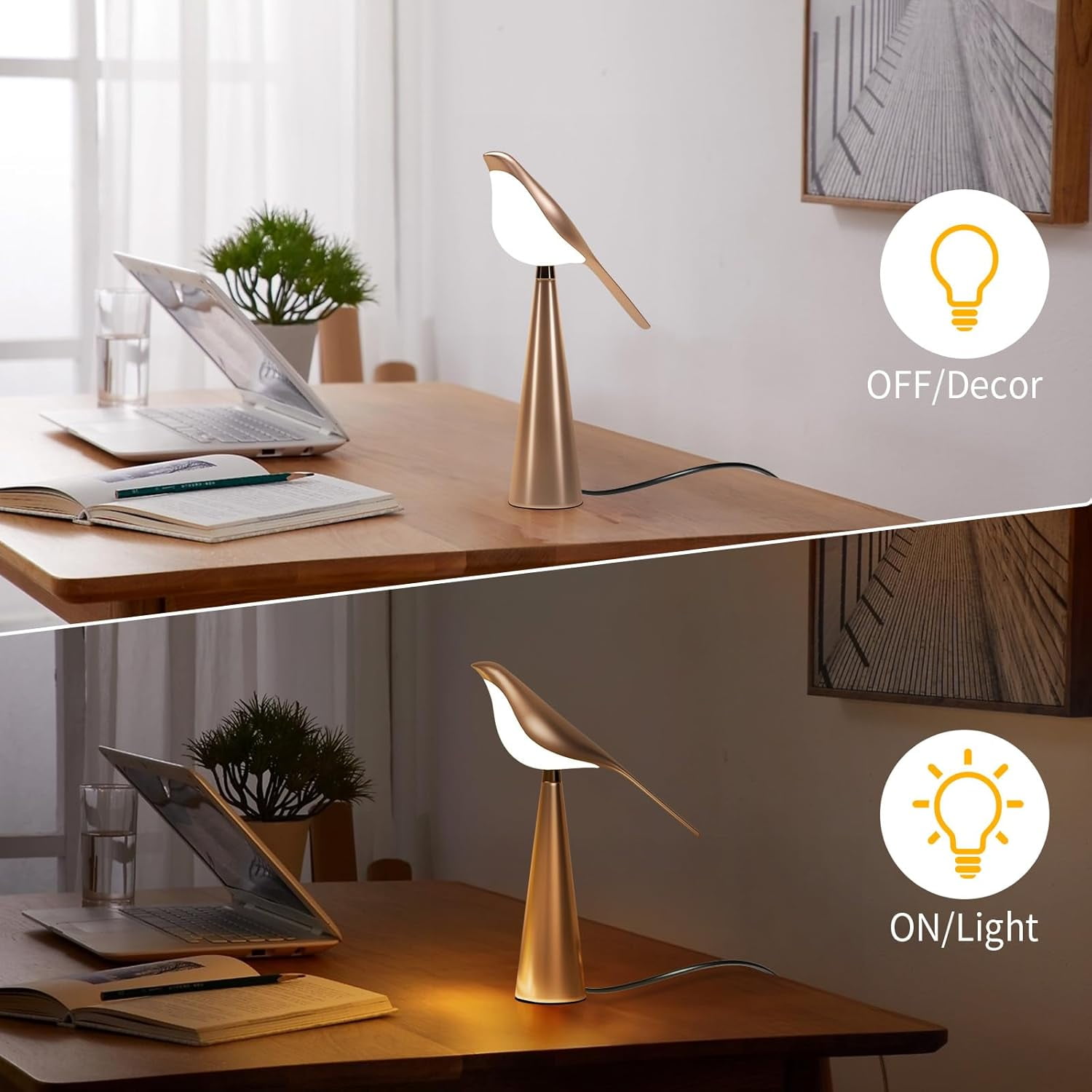 Table Lamp for Bedroom, Bird Night Light, 10 Level Dimmable Brightness Bedside Lamps, Desk Lamp for Dorm, Office, Gift, Reading, 3 Colors, Metal Finish, Gold, 360° Rotation