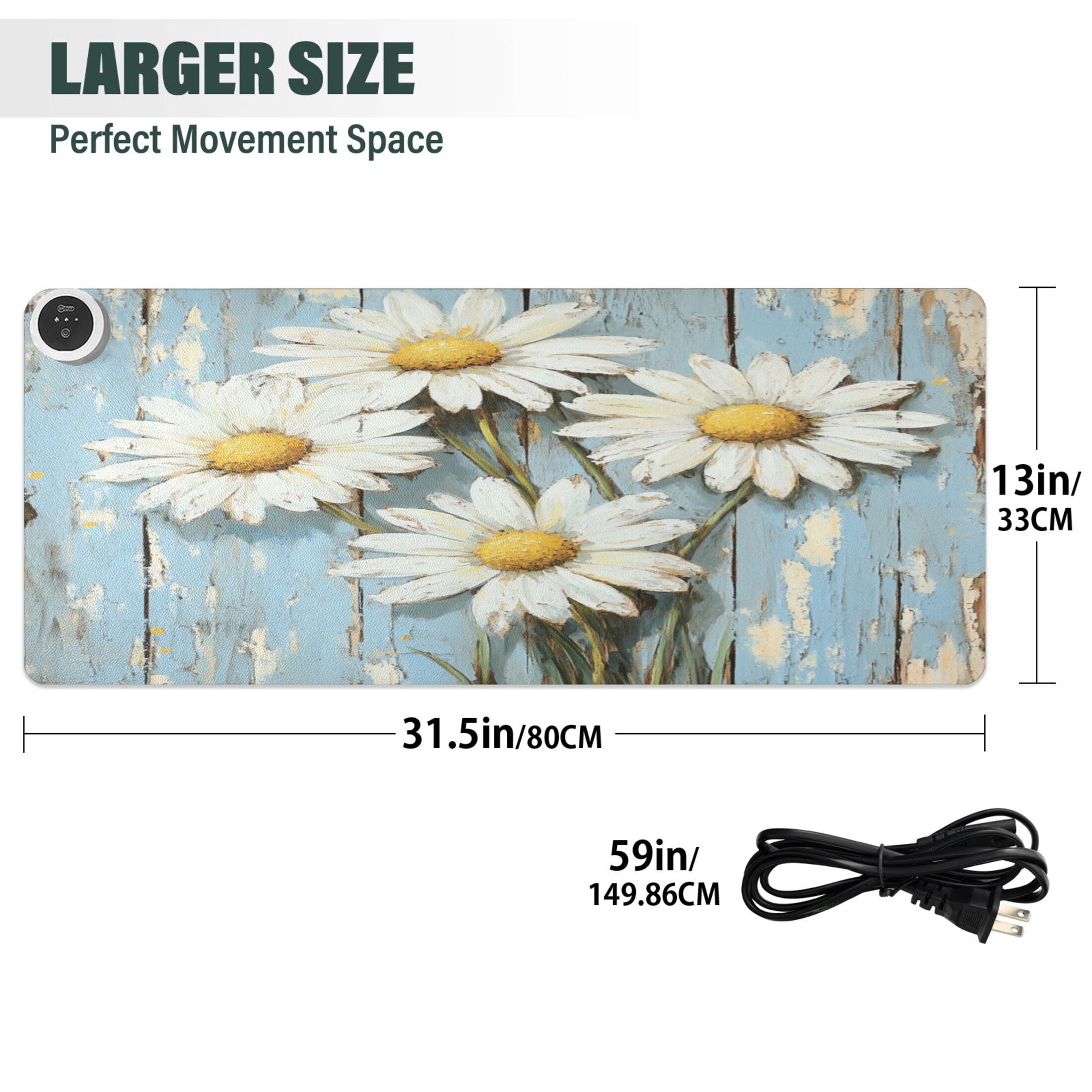 Wobogo Elegant Daisy Heated Mouse Pad Extra-Large Desk Mat With 3 Heating Levels and 3-hour Auto Shut-Off Protection Ideal for Computer Keyboards Home Office Hand-warming Essential 31.5in × 13in