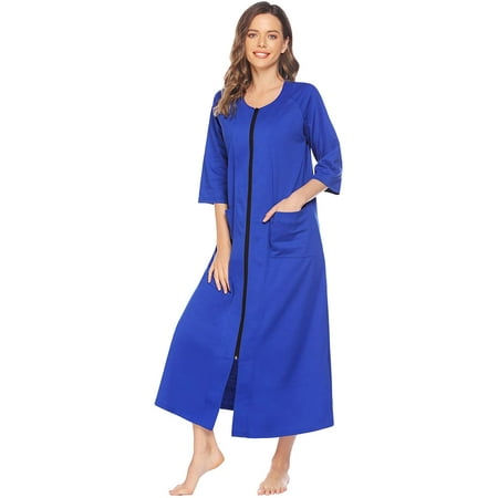 Compuye Women Zip Front Nightgown Robe Half Sleeve Full Length Duster ...