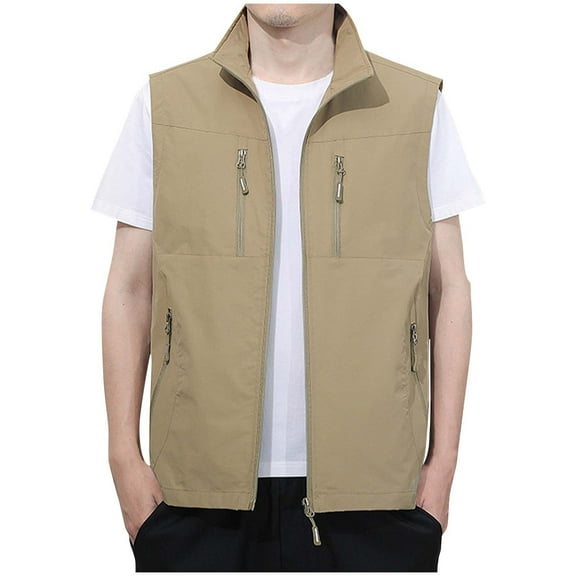 YUGYXL Big and Tall Men's Utility Fishing Vest Loose Stand Collar Outdoor Work Safari Travel Cargo Jacket Multi Pockets Khaki XL