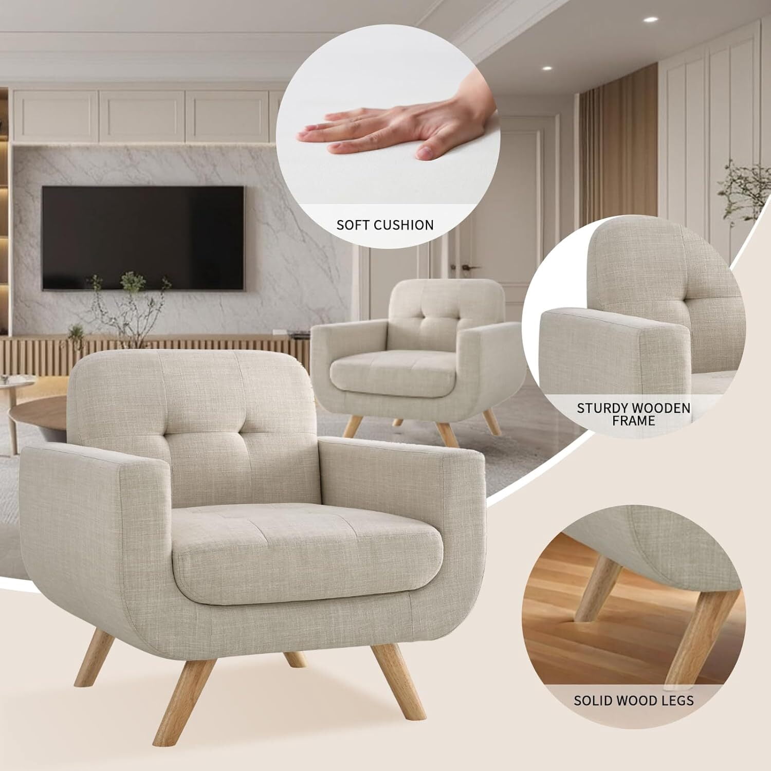 Modern Accent Chair with Linen Fabric, Soft Ergonomic Upholstered Armchair Comfy Single Sofa Lounge Chair for Living Room, Apartment, Office,Beige