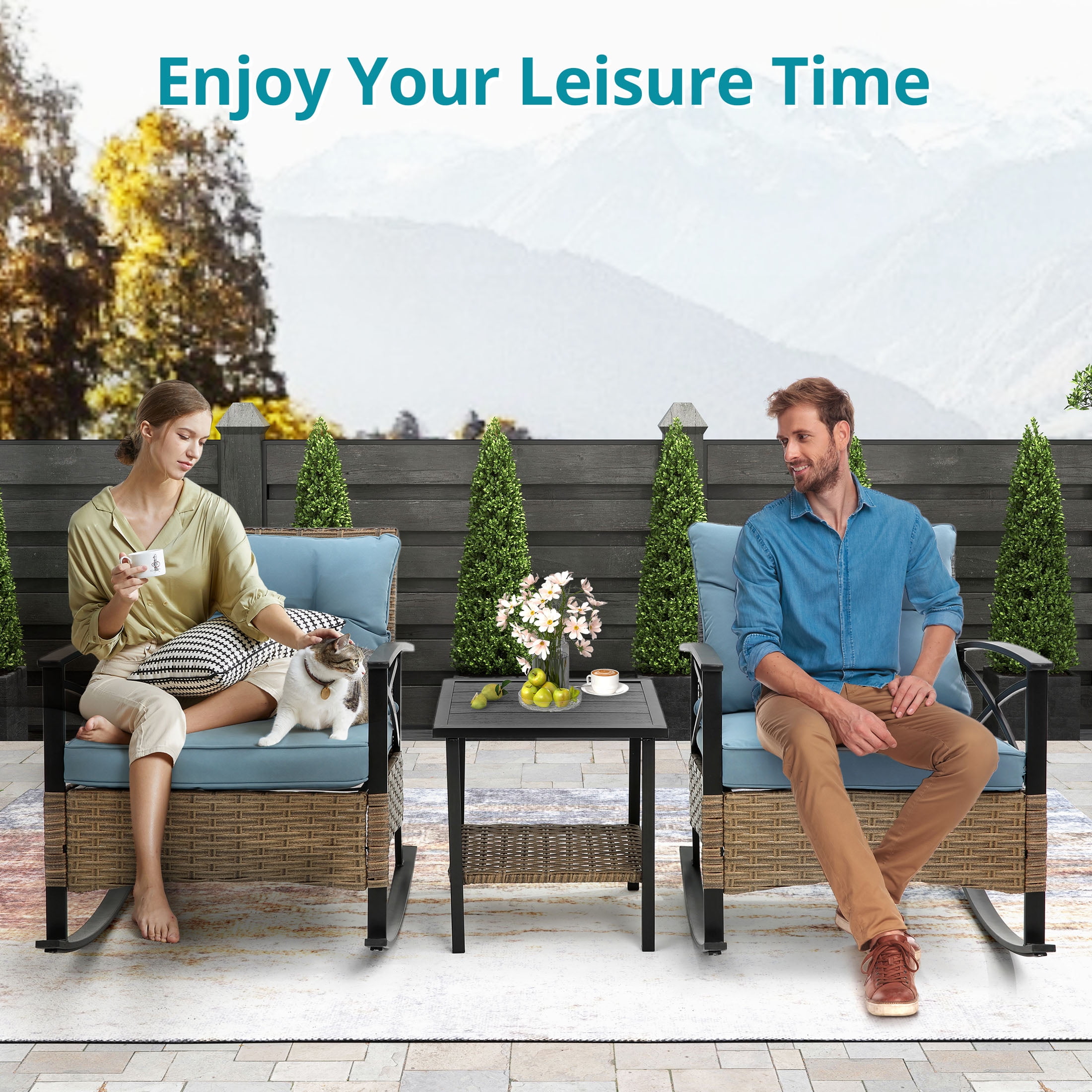 Enyopro 3-Piece Patio Furniture Set, Outdoor Wicker Conversation Set with Coffee Table, All-Weather Rattan Chairs & Cushions, Modern Patio Seating for Garden, Balcony, or Backyard, Blue