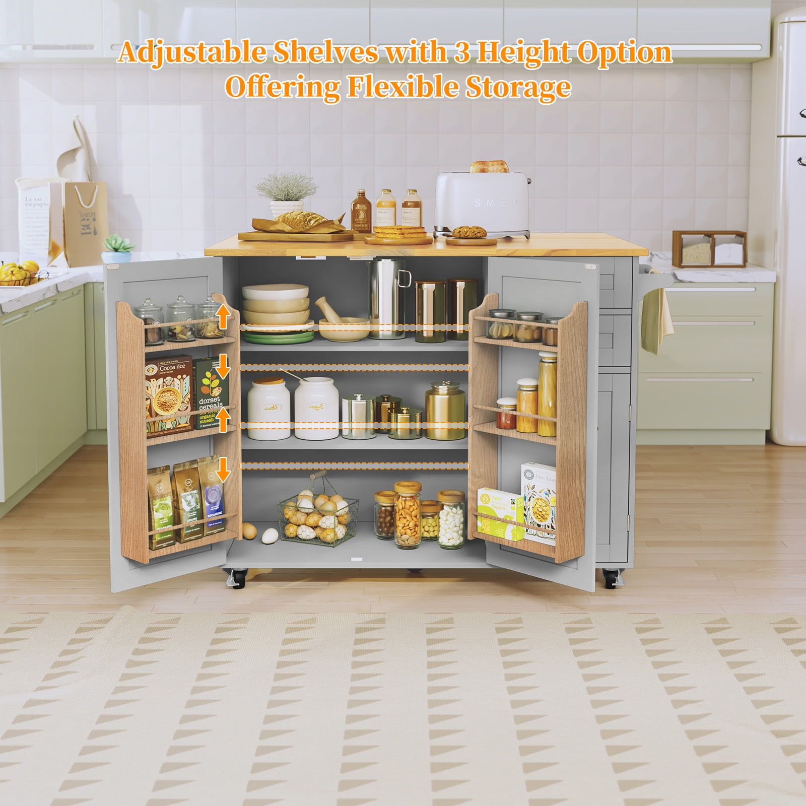 CBJCBJ 50.4" Kitchen Island with Storage, Wood Top Cart with Drop Leaf and Wheels, Gray