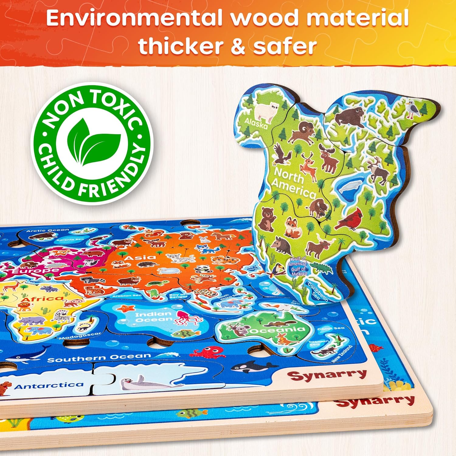 SYNARRY Large Wooden USA & World Map Puzzles, Educational Jigsaw Puzzle Set, Learning United States World Maps Puzles for Kids