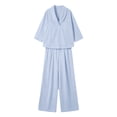 thumbnail image 7 of Costeam Womens Textured Woven Two Piece Outfit Lapel Collar 3 Quarter Sleeve Pocket Top And Elastic Waist Wide Leg Pants Loose Fit Solid Color Casual Co Ord Set, 7 of 7