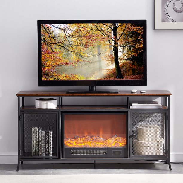 VECELO 60 Inch Electric Fireplace TV Stand with Doors and Shelves