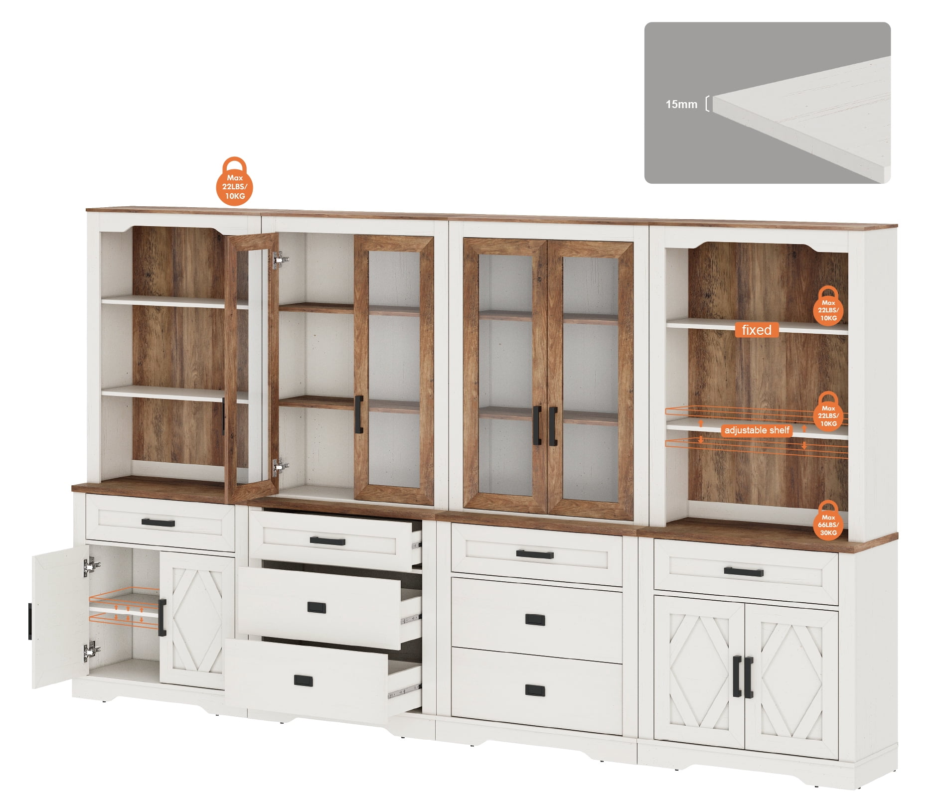 WAMPAT 4 Column 5 Tier Bookcase with Drawer,73.3" Tall Floor Standing Bookshelf,Modern Farmhouse Display Storage Cabinet with Adjustable Shelves for Living Room,White Oak