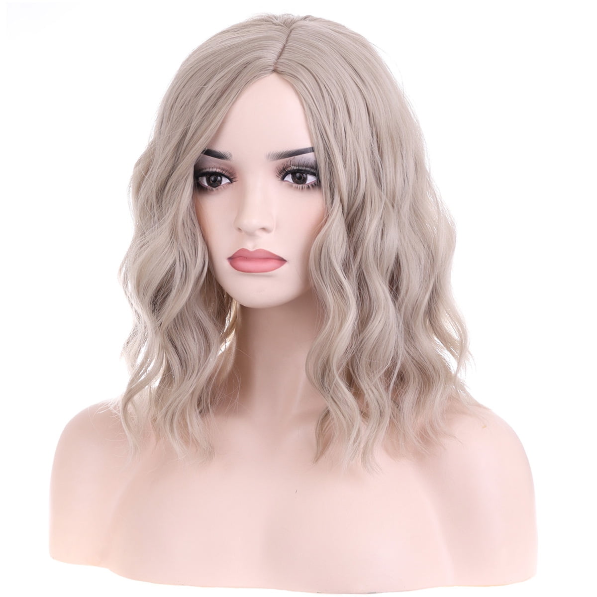 RightOn 14" Ash Blonde Wig Short Curly Wig Blonde Bob Wig Charming Women Beach Wave Wigs Ash Blonde Wig for Cosplay Party with Wig Cap