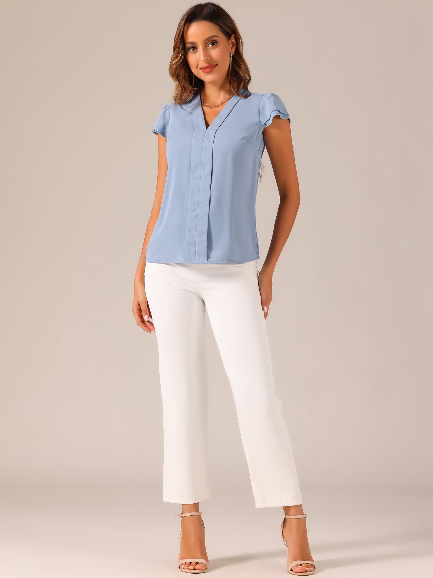 DARING DIVA Women's Summer Office Tops V-Neck Solid Color Chiffon Blouse L Blue Gray