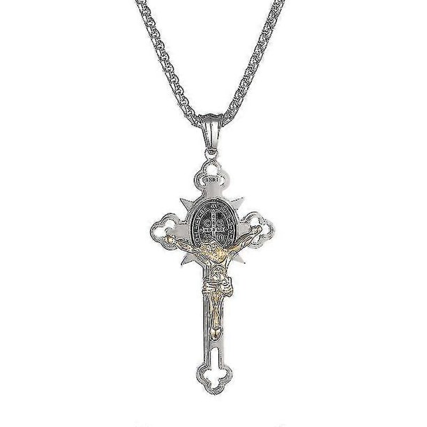 Collar con colgante de oración de la Biblia con crucifijo de San Benito en acero inoxidable, joyería religiosa con cadena, regalo para hombres, oro y plata. Código de producto 46005 Oro y plata