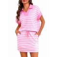thumbnail image 3 of Women'S Striped 2 Piece Outfits Skirt Set Short Sleeve Skort Workout Set Matching Lounge Sets Pink L, 3 of 8