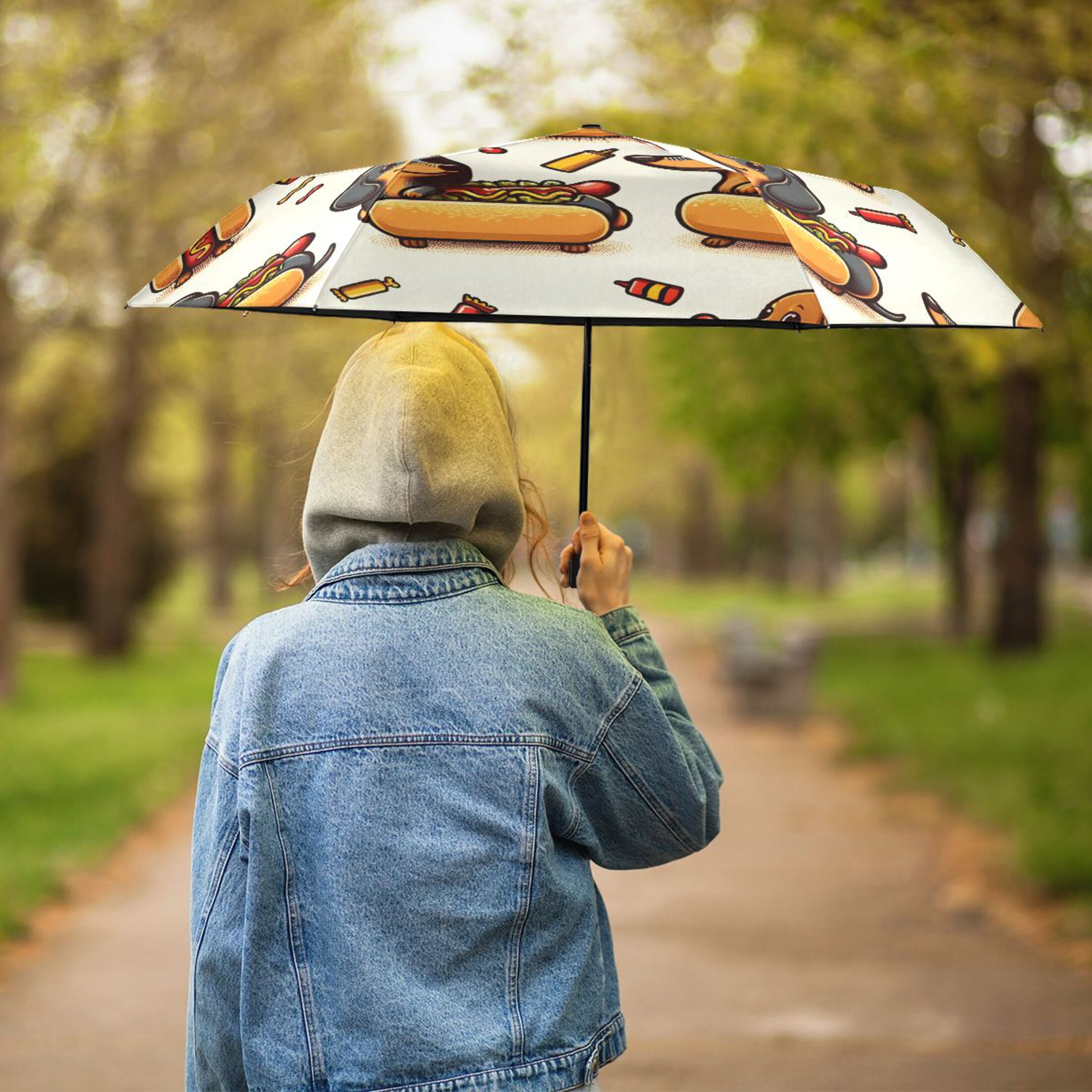 Dachshund Dog in Hot Dog Compact Sun Umbrella Windproof Travel Umbrellas for Rain Strong Portable UV Protection